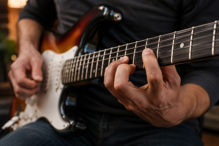 Adult guitarist practising fretboard mapping on an electric guitar